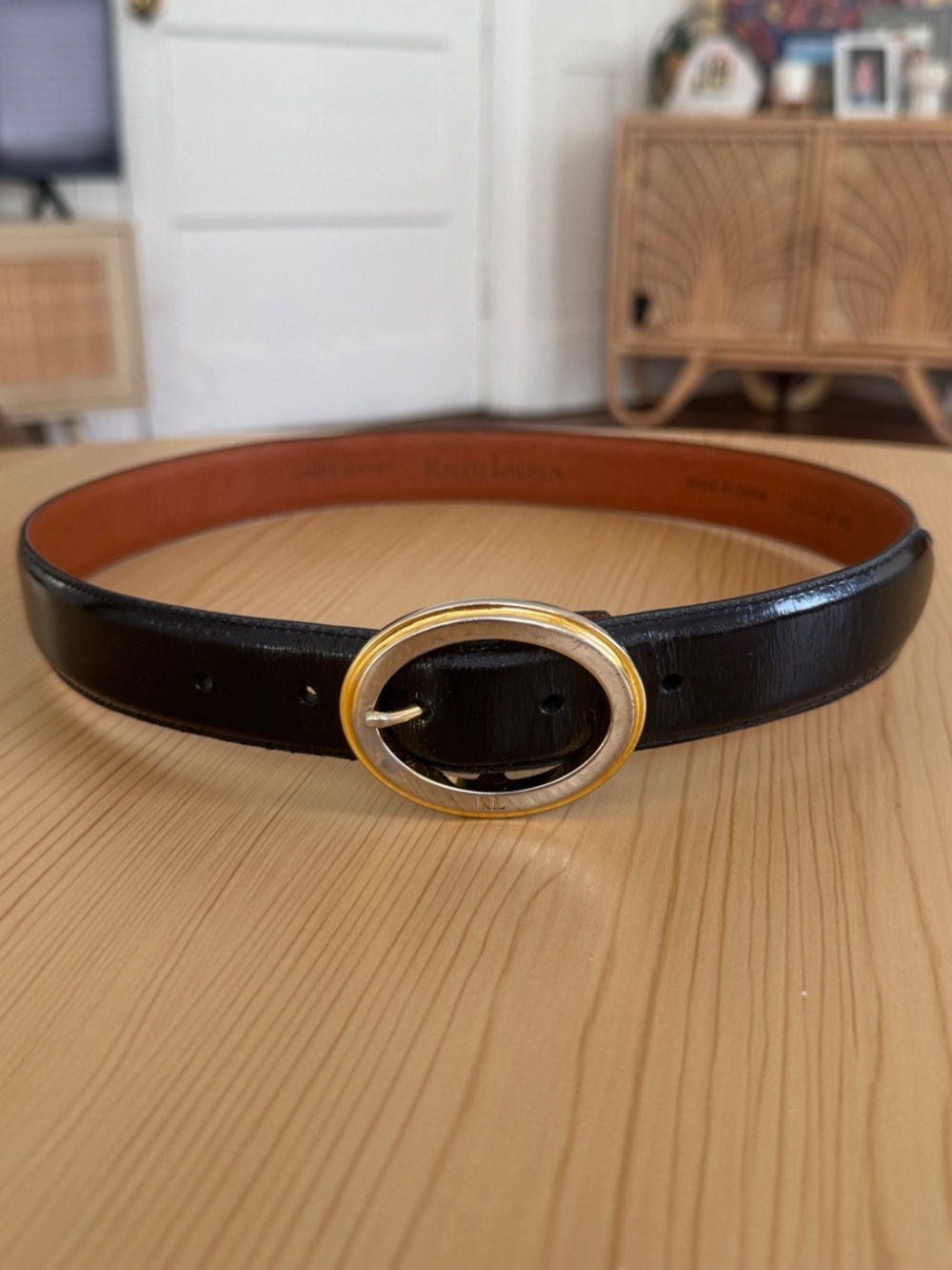 Vintage Ralph Lauren Thick Black Leather Belt Oval RL Logo Buckle Women’s M 30”